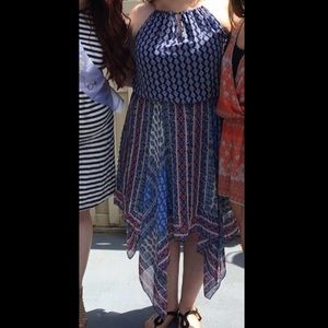 Blue patterned handkerchief dress with gold straps